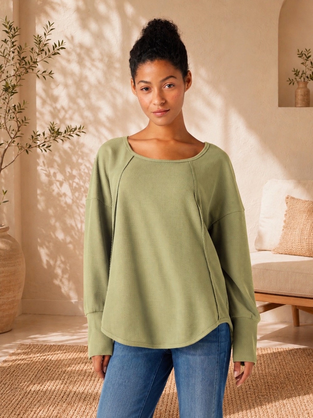 HALARA Scoop Neck Waffle Knit Long Sleeve Top Sage Green Size Small NWOT